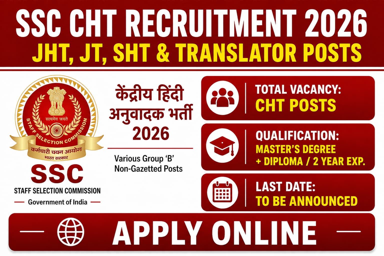 SSC Combined Hindi Translators (CHT) Recruitment 2026